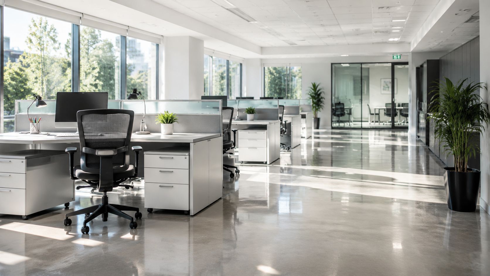 A modern and clean open-plan corporate office workspace with rows of desks and swivel chairs.