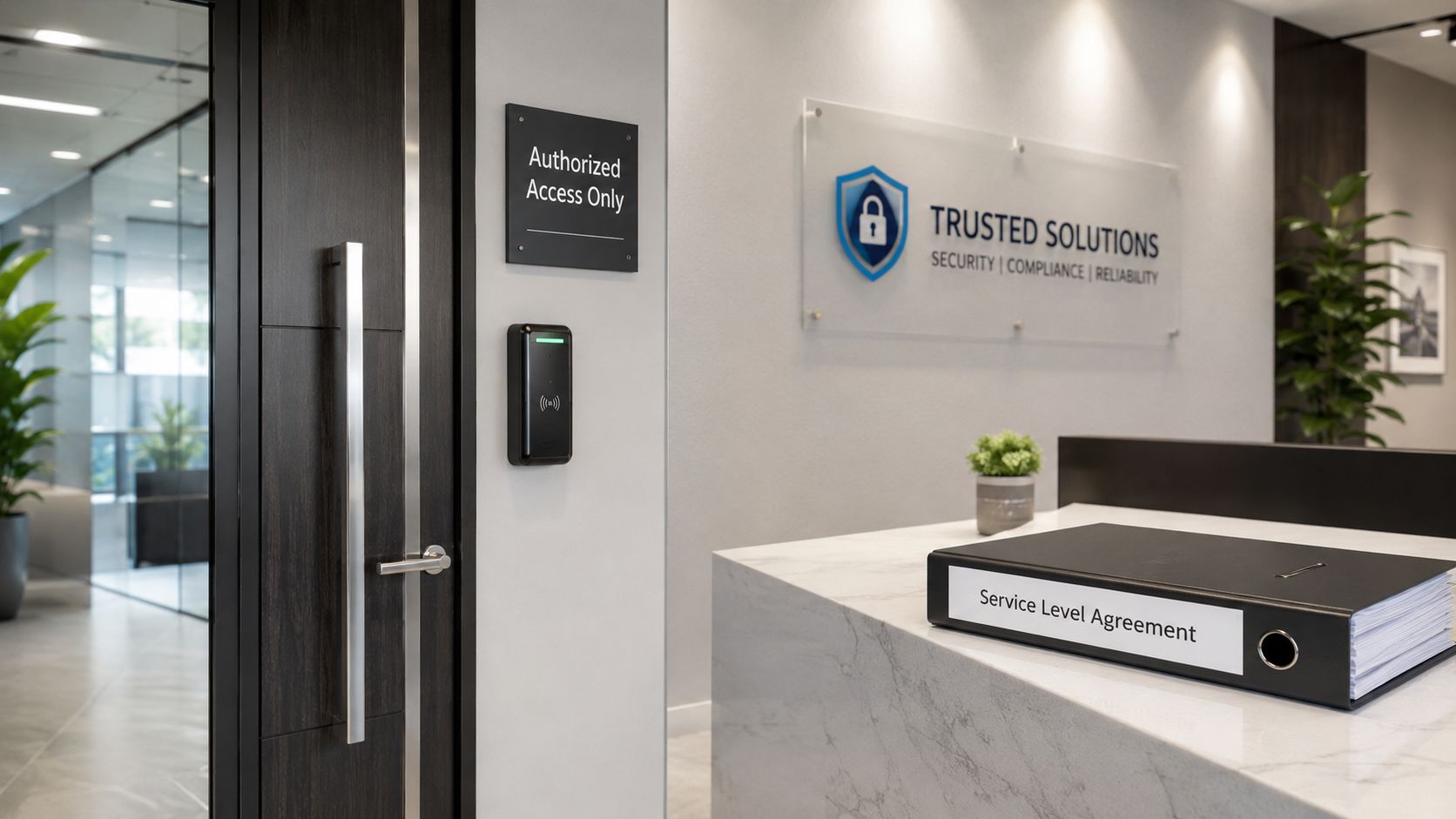 A modern corporate office entrance featuring an authorized access sign and a professional security company plaque.