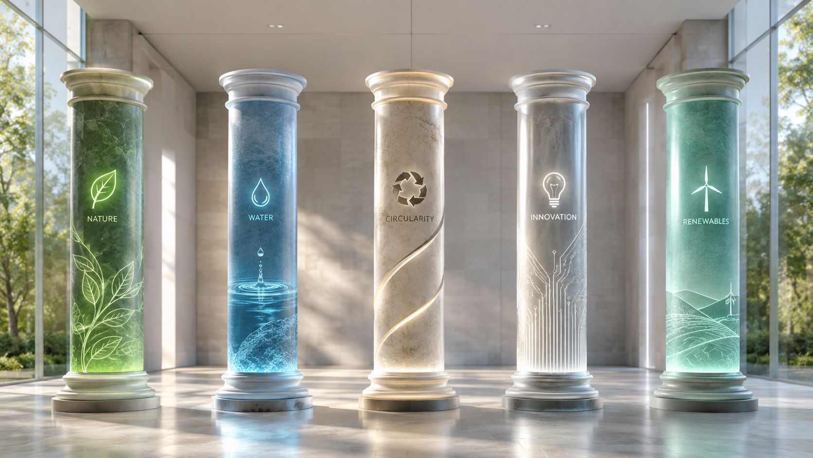 Five marble columns representing sustainability pillars of nature, water, circularity, innovation, and renewables in a modern facility.