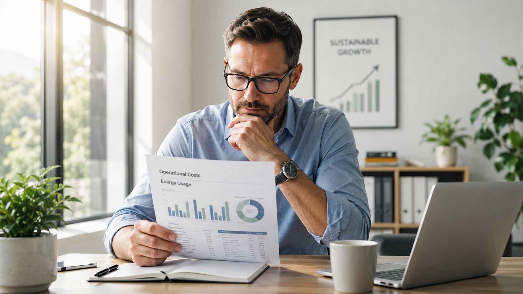 A professional man reviewing a chart about operational costs and energy usage in a modern office.