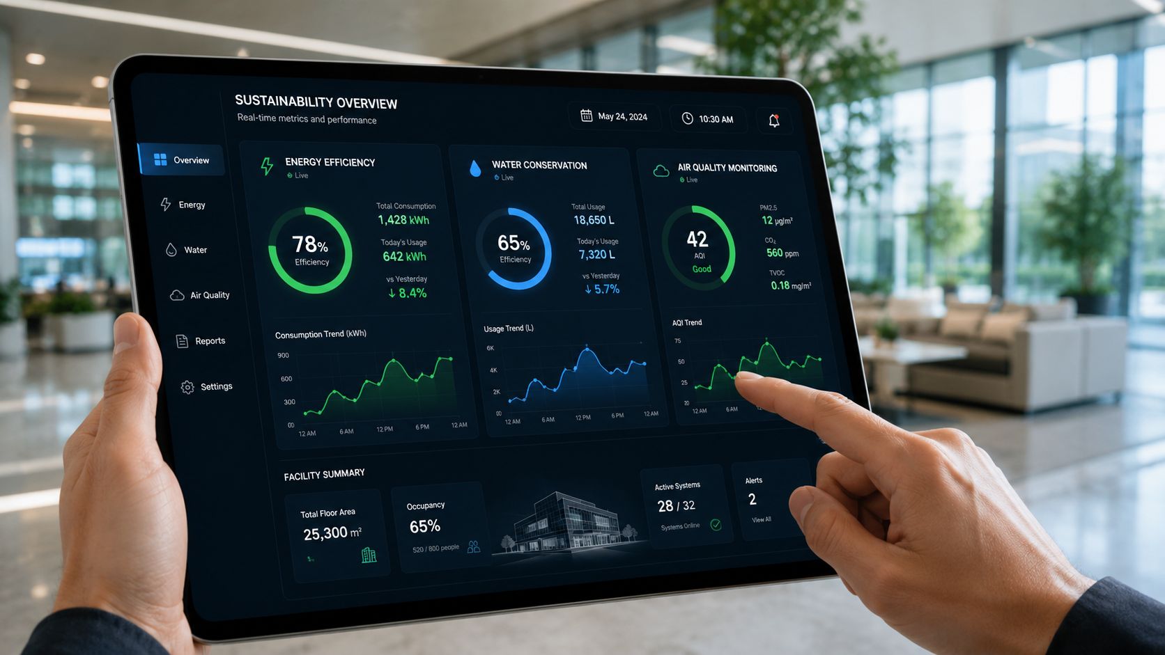 A person holding a tablet displaying a sustainable facility management dashboard with energy and air quality metrics.