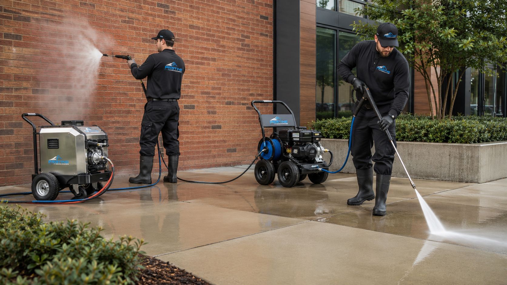 Two professionals from Pristine Power Washing using industrial pressure washers to clean brick walls and concrete sidewalks.