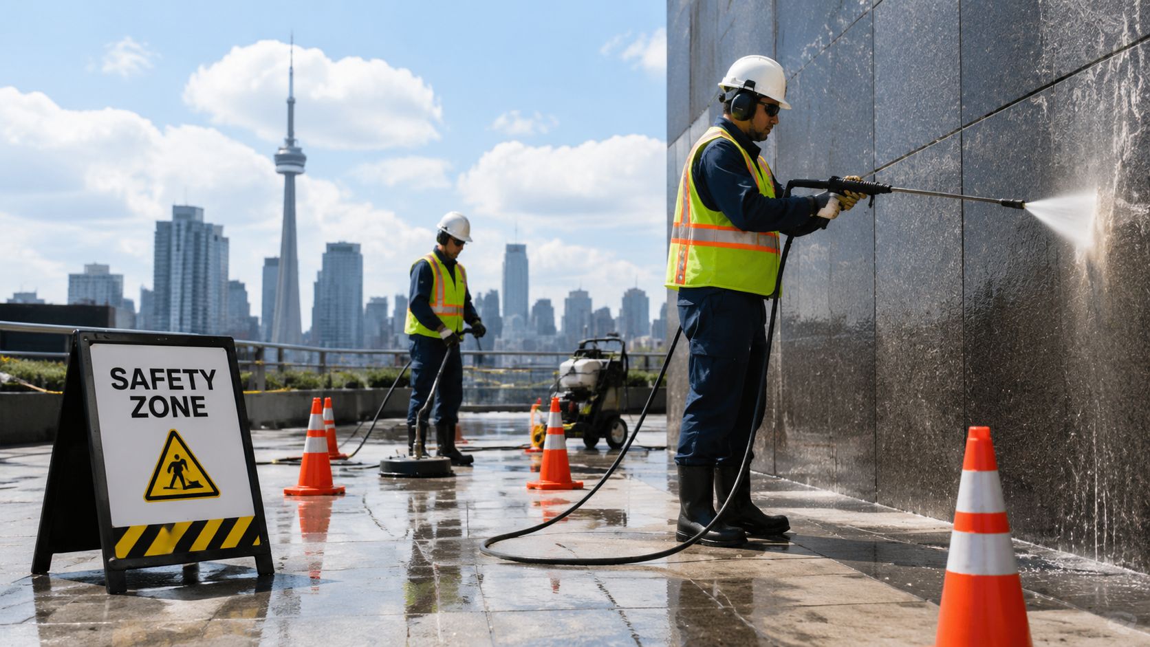 Two workers in safety gear power washing a building wall on a sunny day in Toronto.