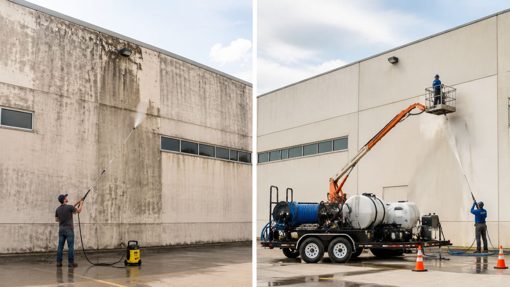 A split image showing workers using pressure washing equipment to clean a dirty commercial building exterior.
