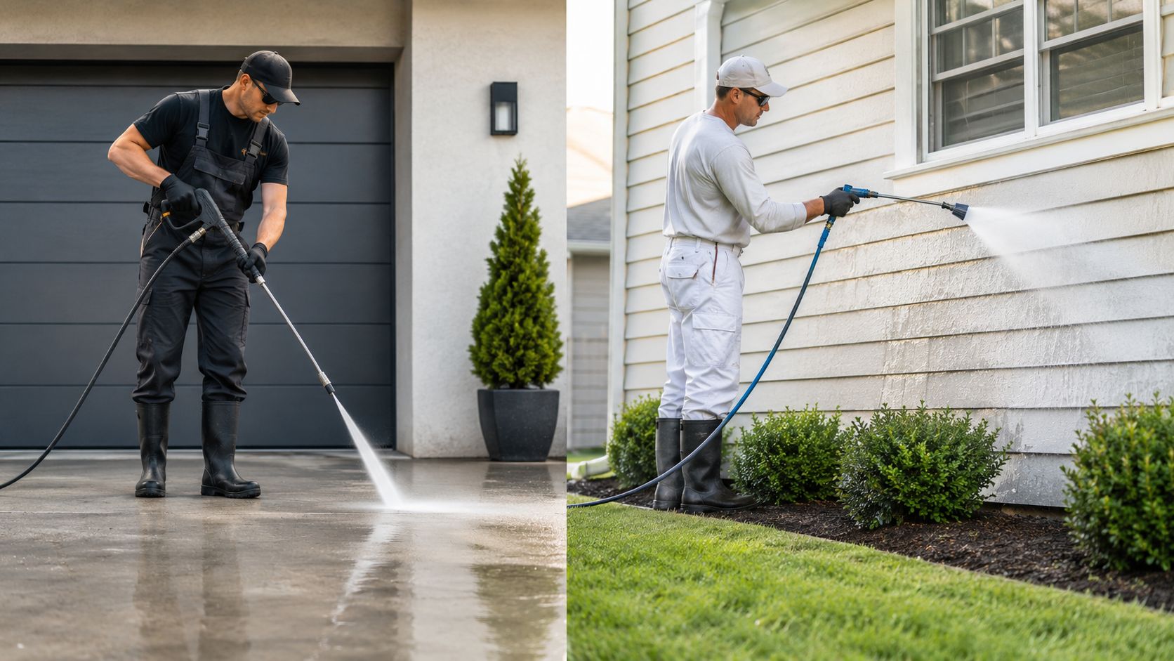 Two professional cleaners using power washing equipment to clean a driveway and the side of a house.