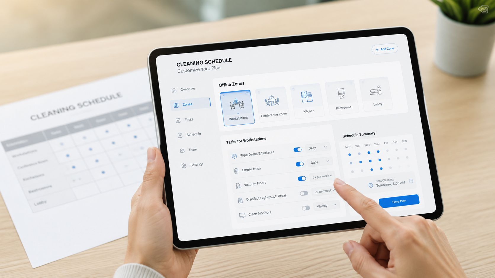 A person using a digital tablet to manage an office cleaning schedule app for workplace zones.