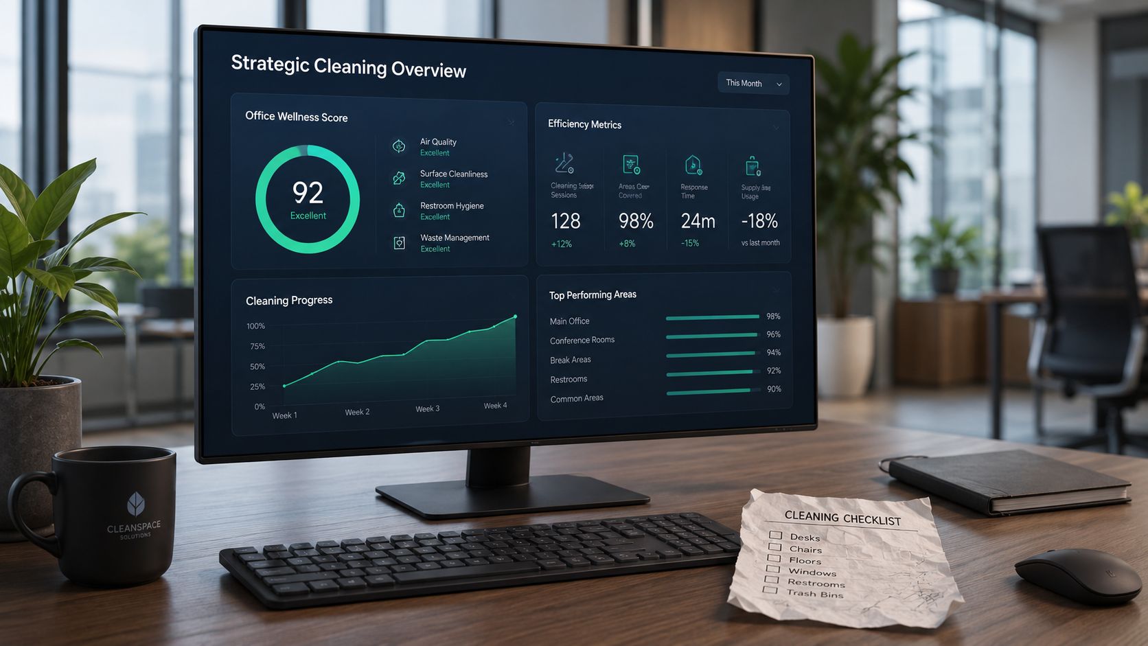 A modern computer screen displaying a digital dashboard for tracking office cleaning performance and maintenance metrics.
