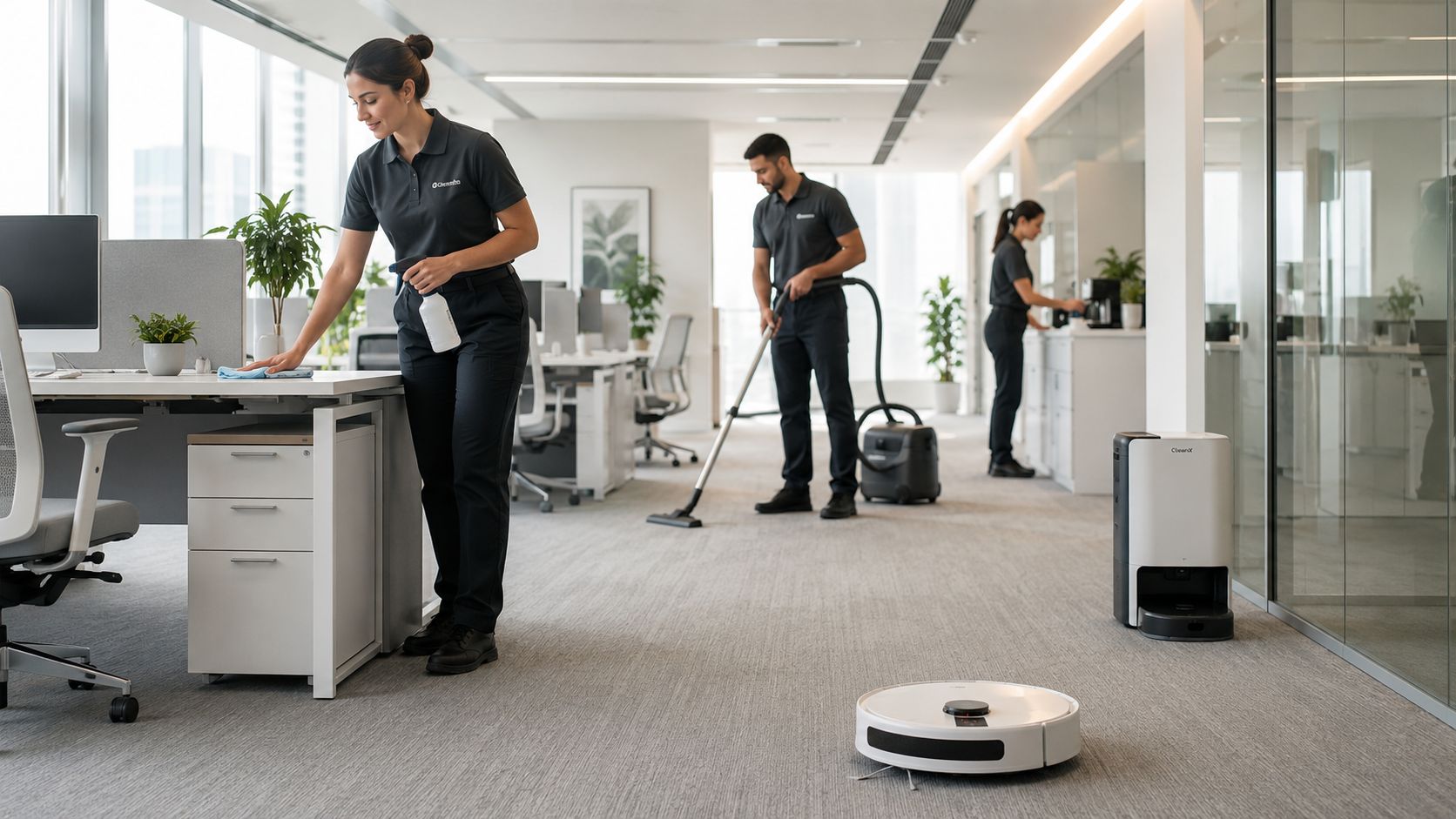 A professional cleaning crew in uniforms tidying up and vacuuming a modern open plan office space.