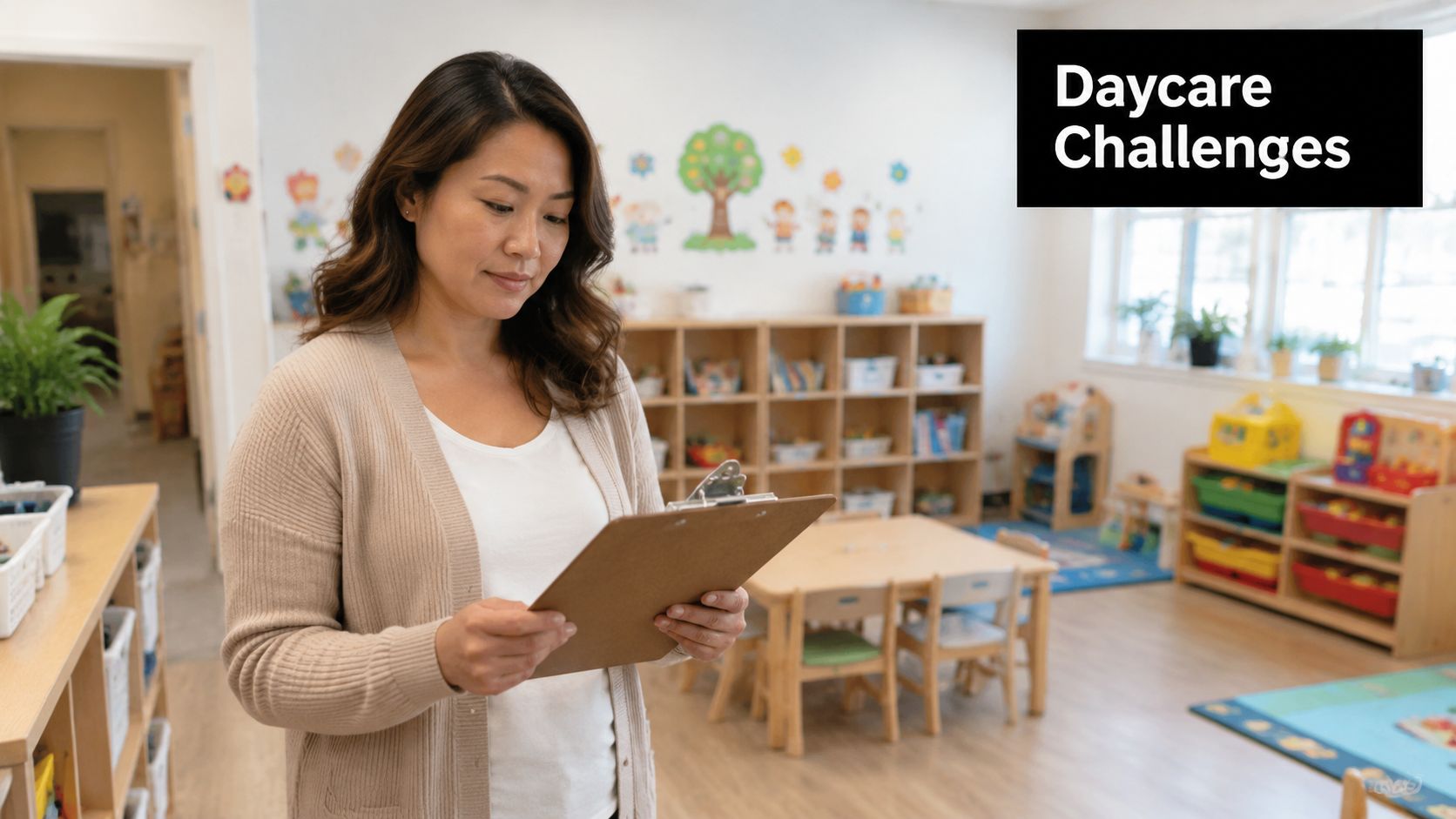 A daycare teacher holding a clipboard in a classroom setting, focusing on administrative tasks and oversight.