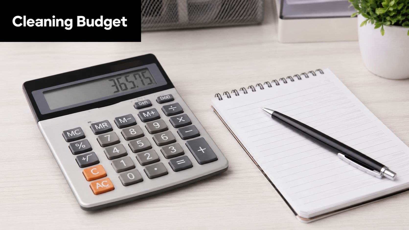 A silver calculator displaying a budget value of 365.75 next to a blank notebook and a pen.