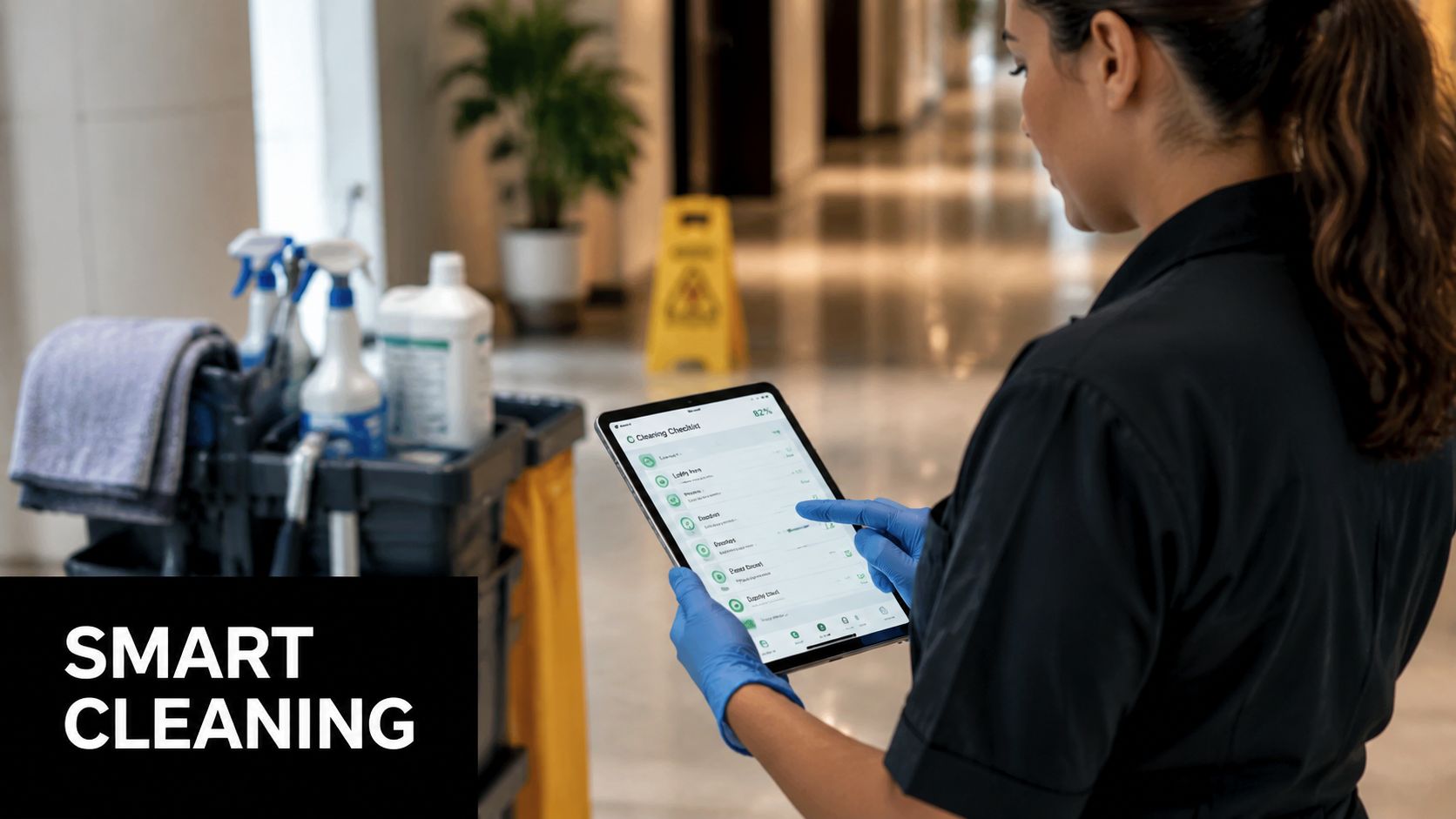 A professional cleaner uses a digital tablet for a smart cleaning checklist in a commercial hallway.