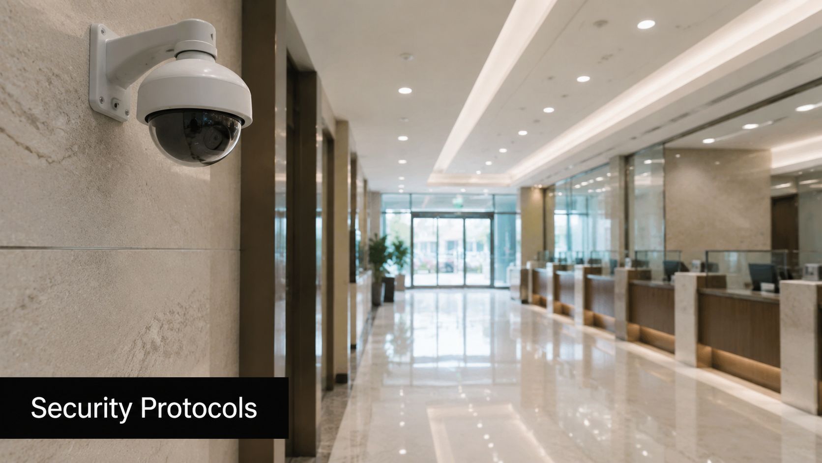 A security dome camera mounted on a modern bank lobby wall to ensure visitor safety.
