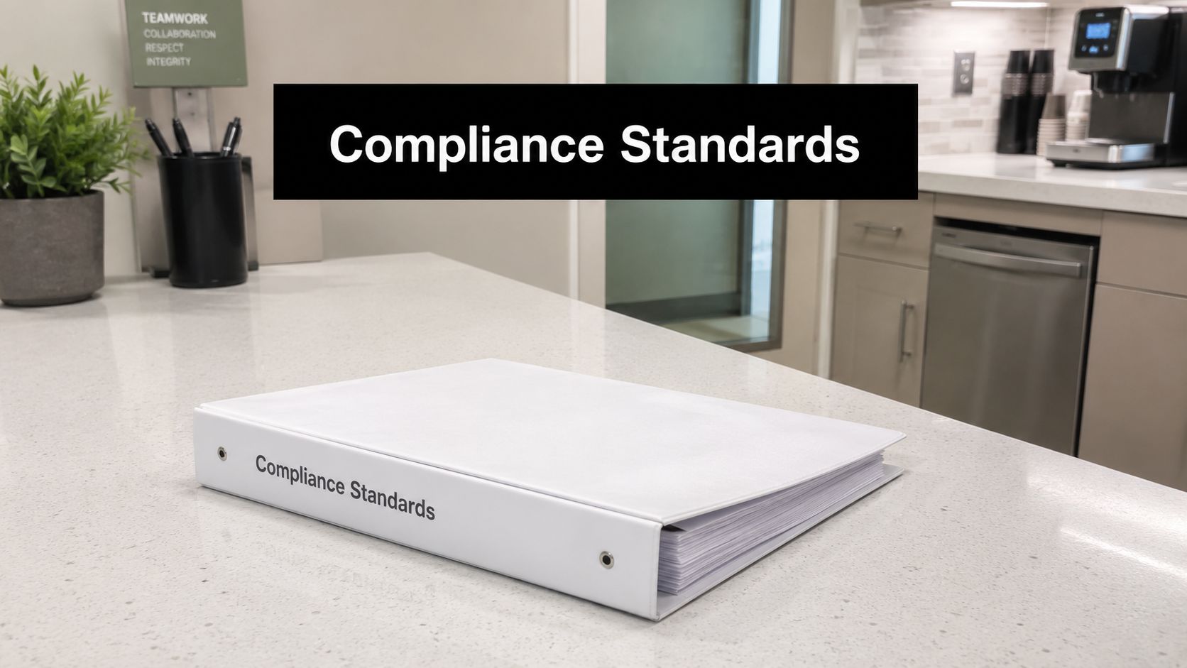 A white binder titled Compliance Standards rests on a kitchen counter in an office break room setting.