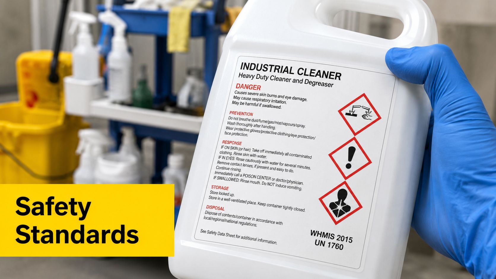 A person in blue protective gloves holding a white jug of industrial cleaner with safety warning labels.