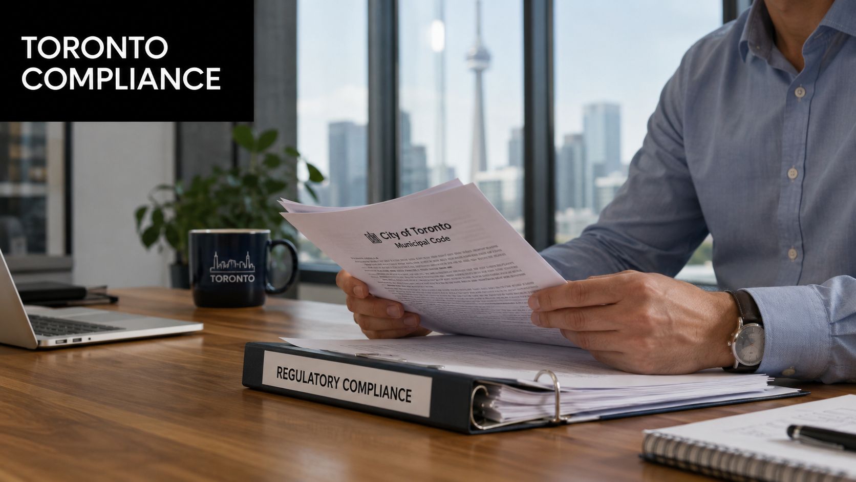 A professional holding a City of Toronto Municipal Code document while sitting at a desk with a binder.