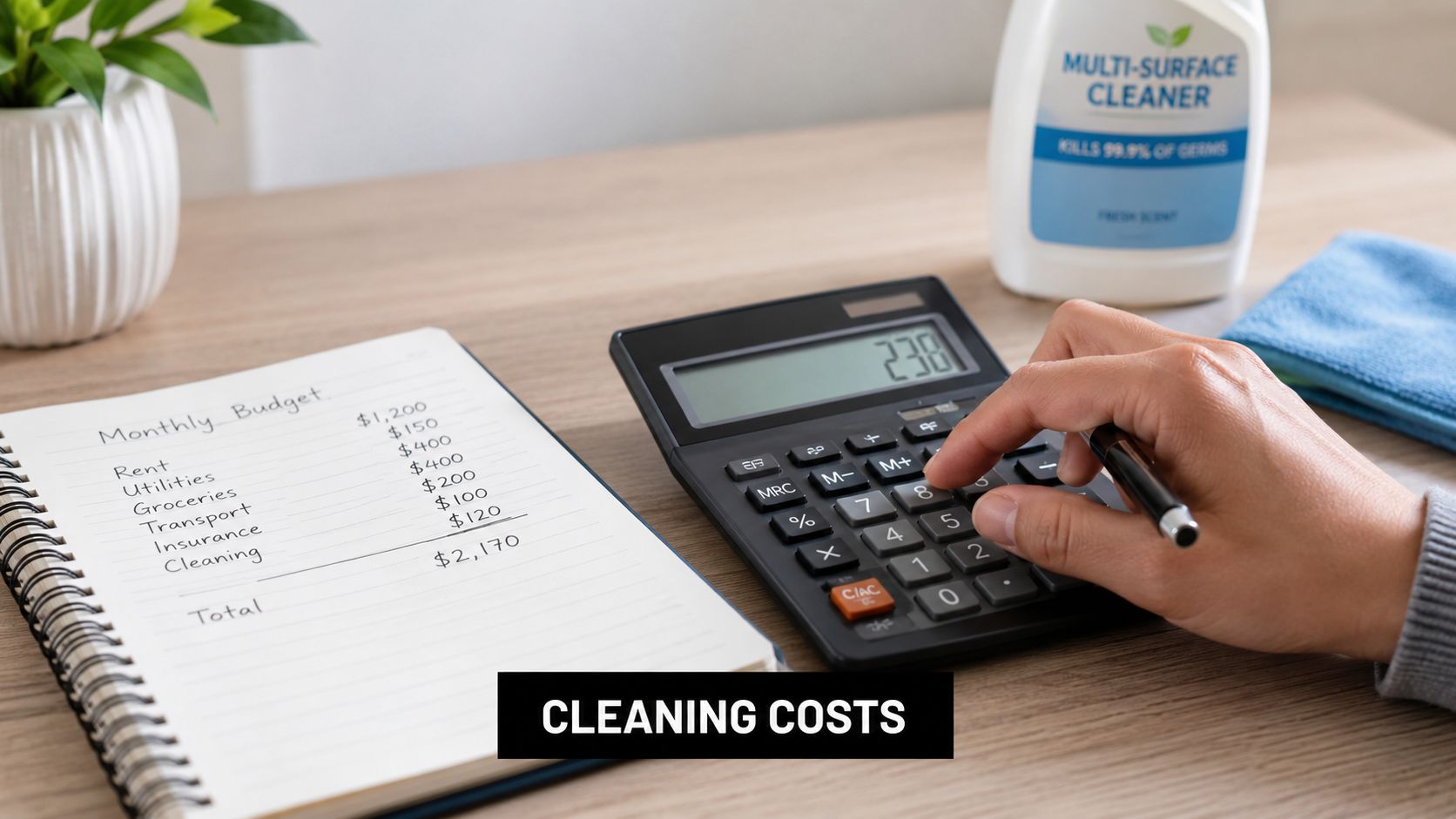 A person calculates monthly expenses on a budget list that includes cleaning costs next to a cleaning bottle.