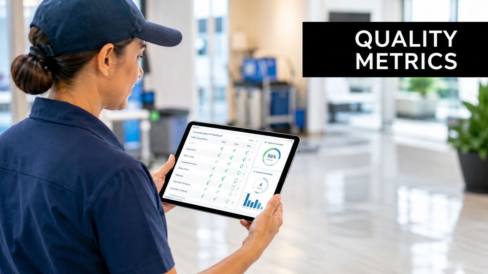 A professional cleaner using a tablet to monitor cleaning quality metrics in a commercial office building.