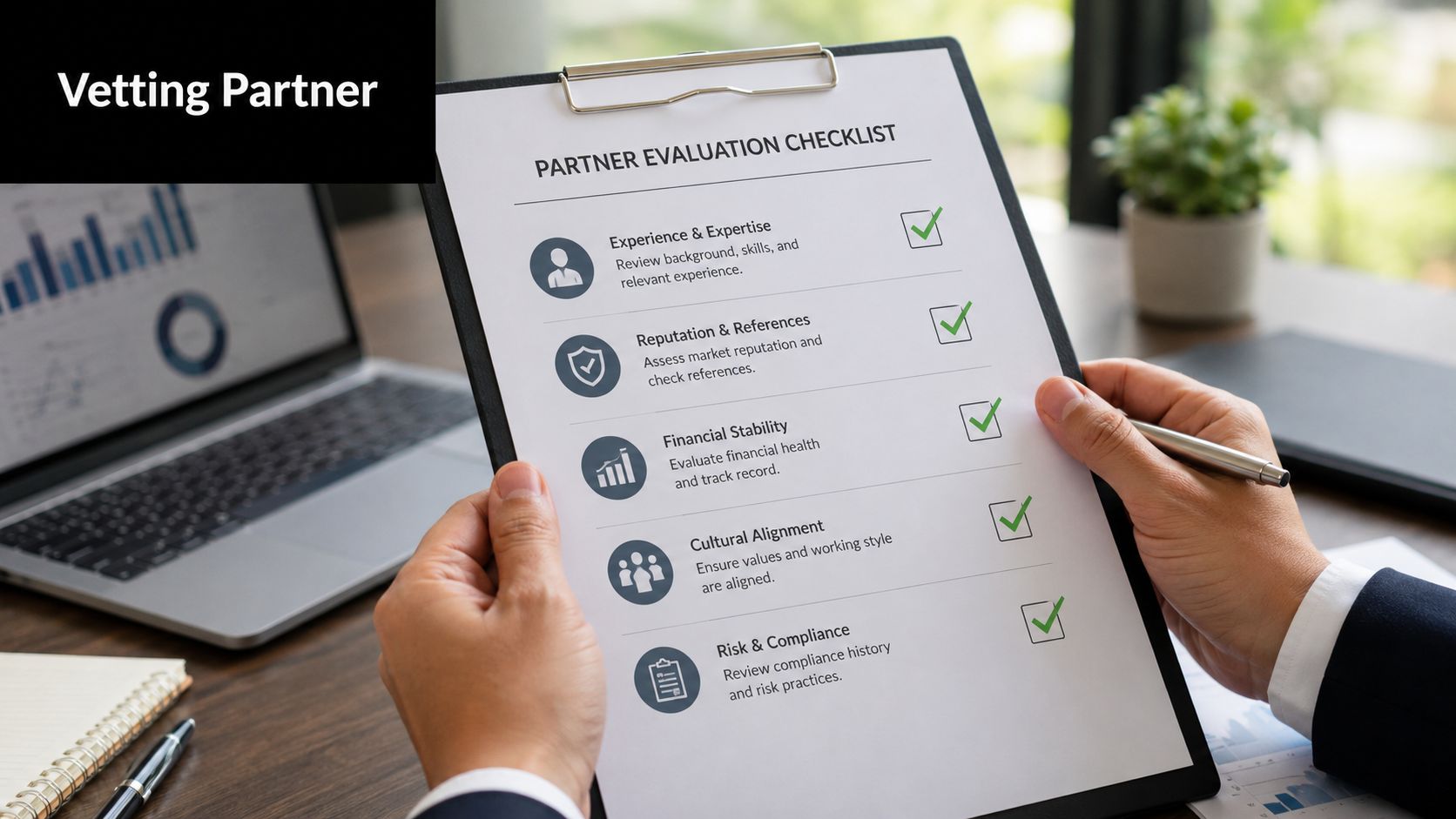 A professional holding a clipboard with a completed partner evaluation checklist in an office setting.