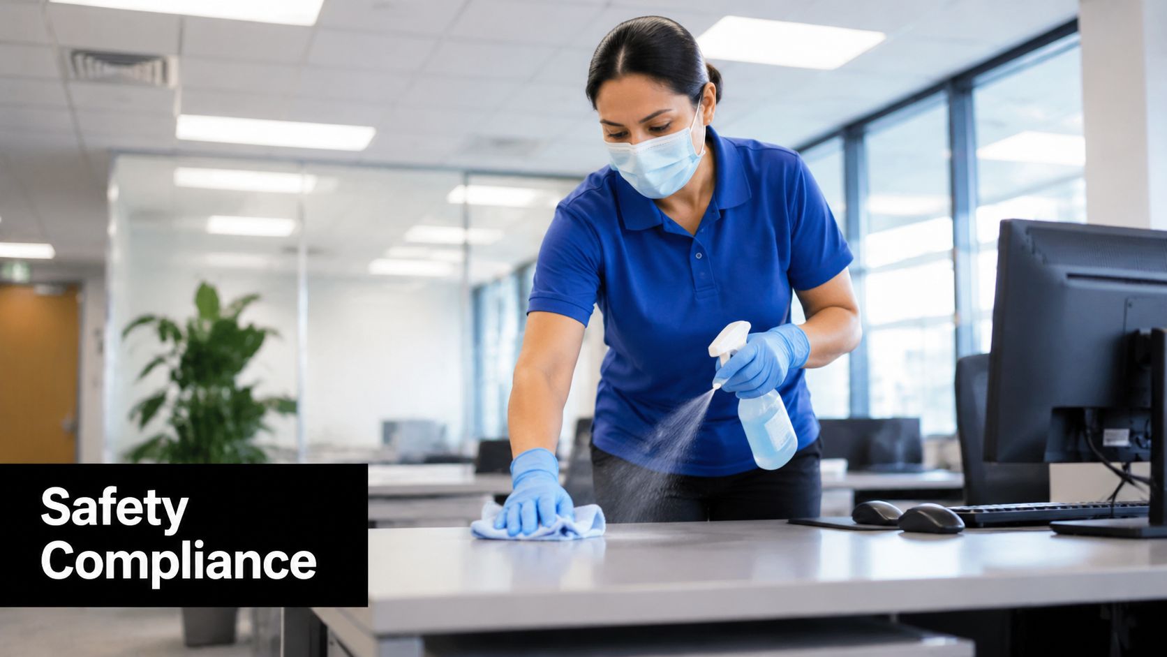 A professional cleaner in a mask and gloves disinfecting a desk in a modern office environment.