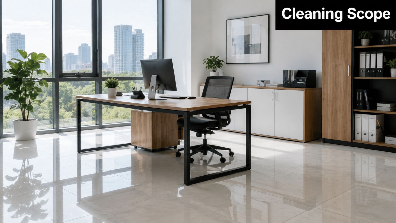 A modern and clean private office workspace featuring a wooden desk, black chair, and large windows with city views.