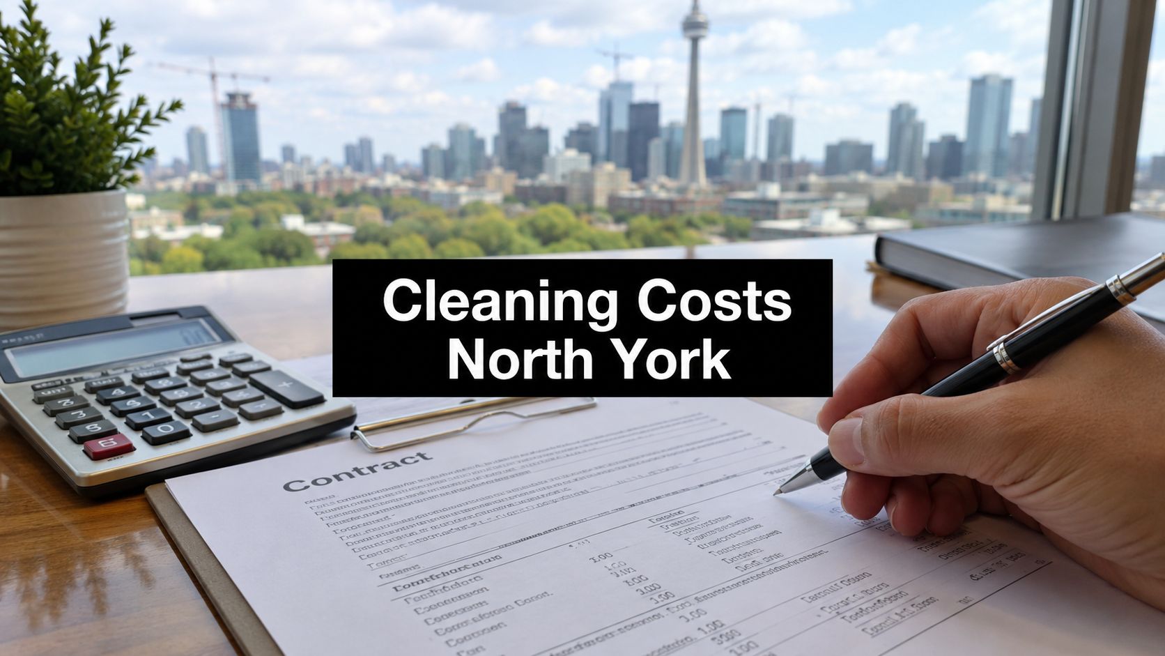 A person signing a cleaning service contract in a North York office overlooking the Toronto skyline.
