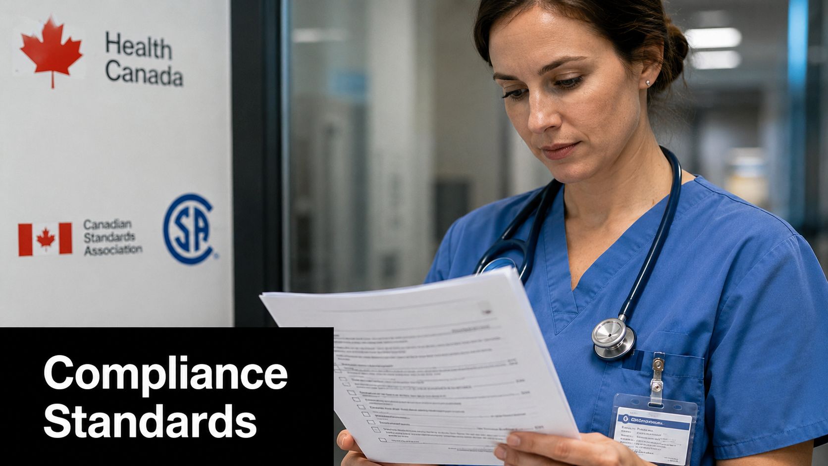 A healthcare professional reviewing compliance documents in front of Health Canada and CSA standard signage.