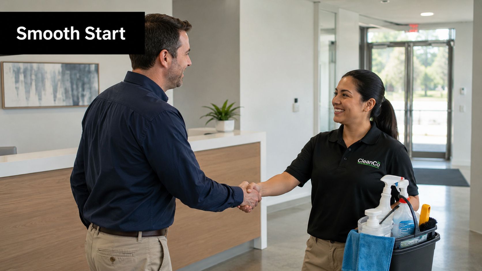 A professional manager shaking hands with a CleanCo worker holding cleaning supplies in an office lobby.