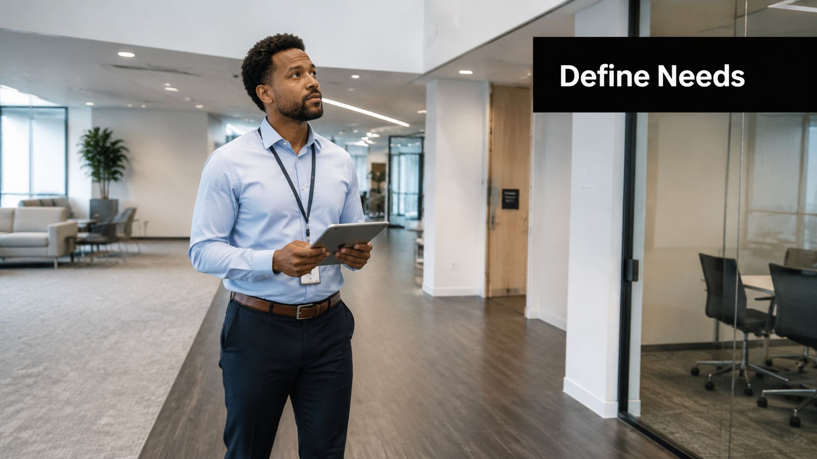 A professional man holding a tablet while walking through a bright and modern office building hallway.