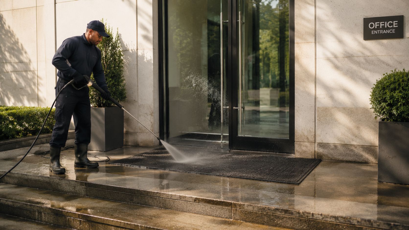 A professional cleaner using a high-pressure power washer to clean a dark doormat at an office entrance.