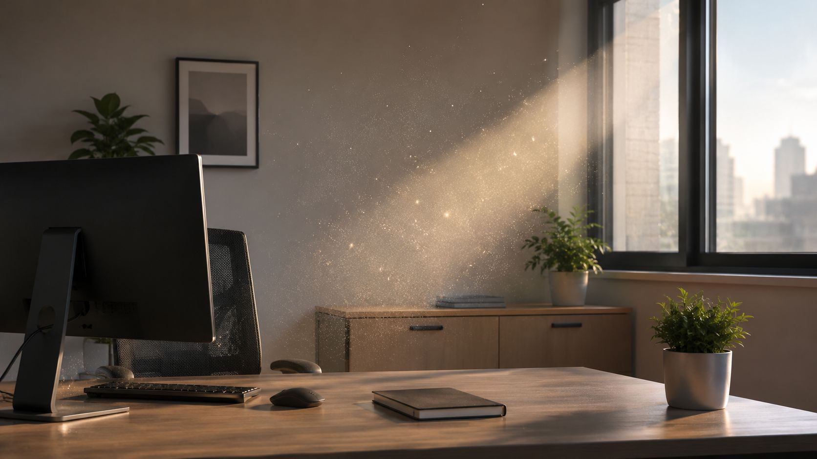 A sunlit home office desk featuring a computer monitor and a small potted plant near a window.