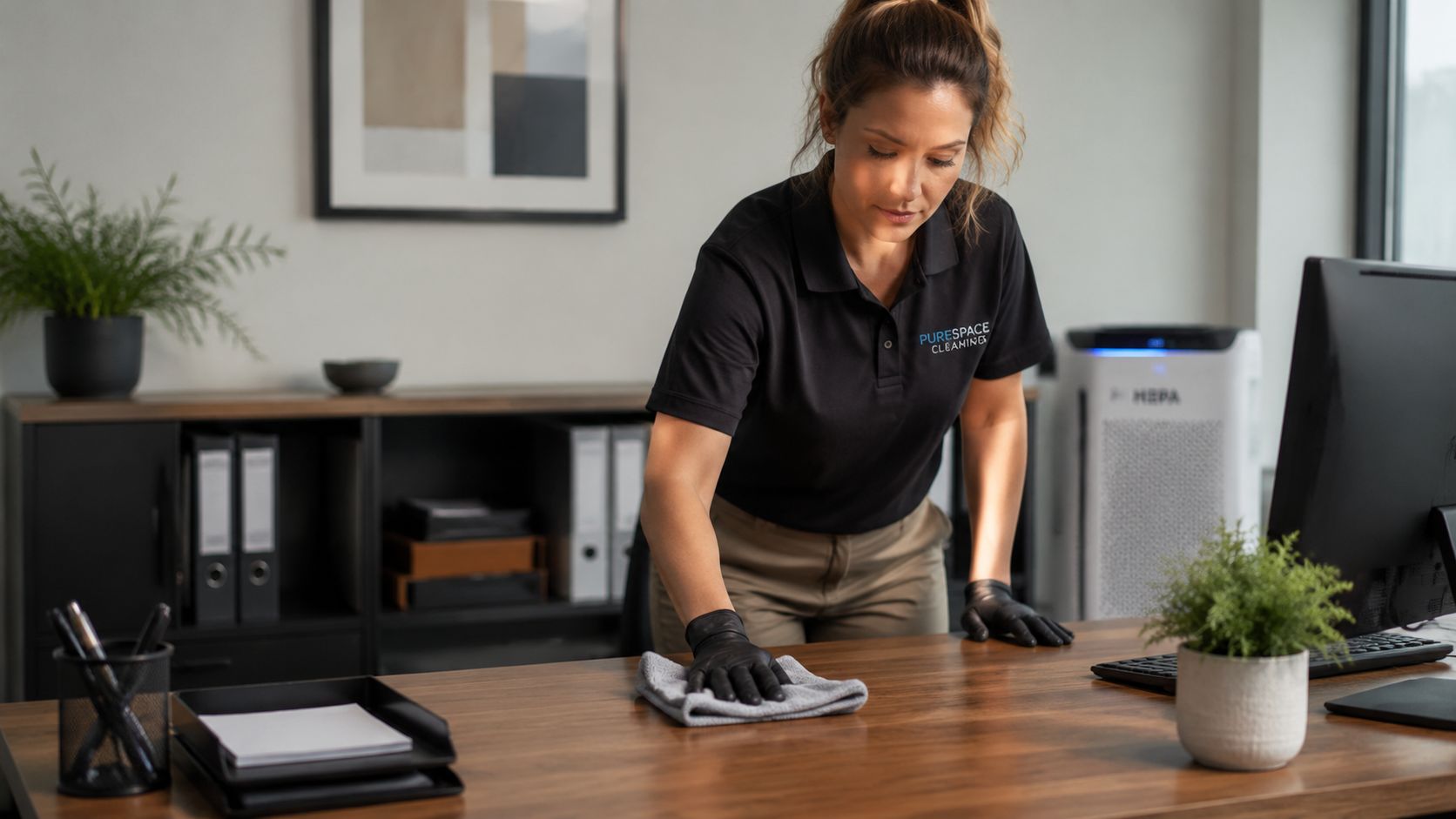 A professional cleaner in a black uniform wiping a wooden office desk clean with a cloth.