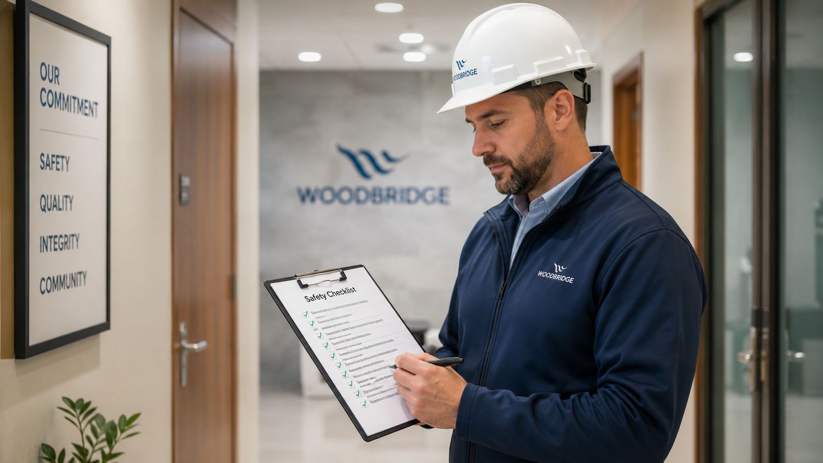 A professional construction inspector in a hard hat reviewing a safety checklist in a modern office hallway.