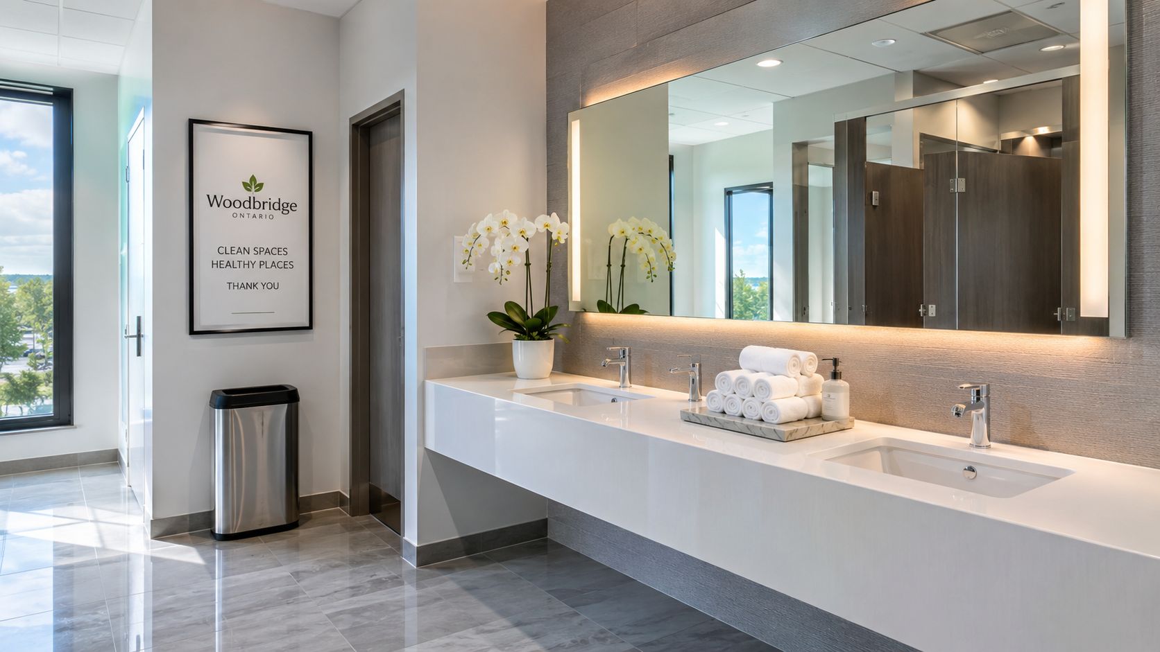 A modern, clean public restroom in Woodbridge with white vanity counters, elegant lighting, and fresh towels.