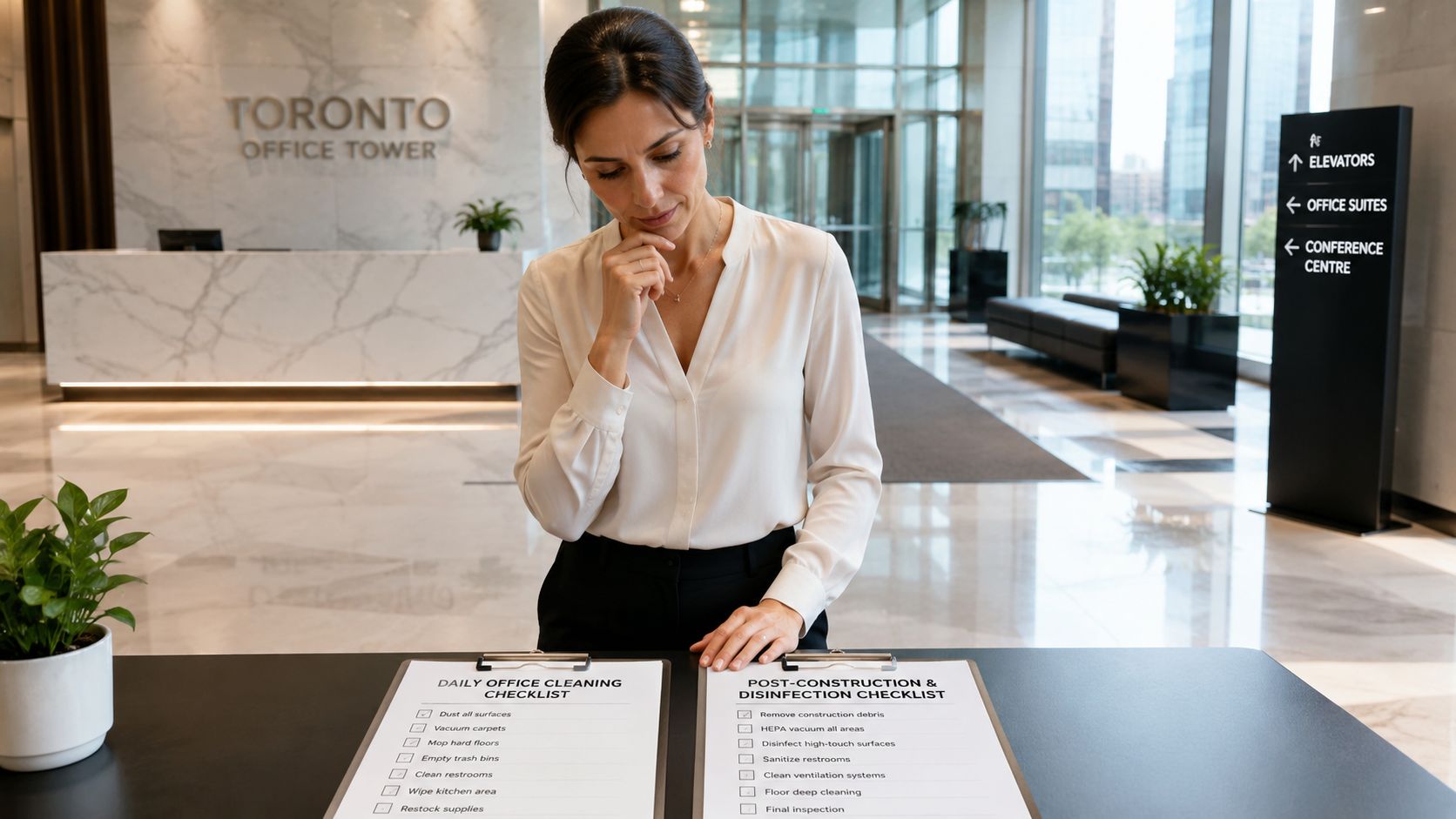 A professional woman reviews daily and post-construction cleaning checklists at a modern Toronto office tower reception desk.