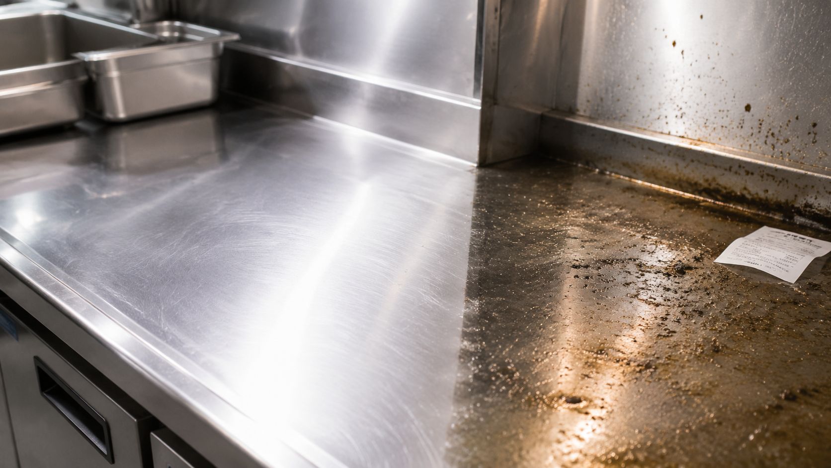 A commercial kitchen stainless steel countertop showing a clear comparison between a clean surface and a dirty one.