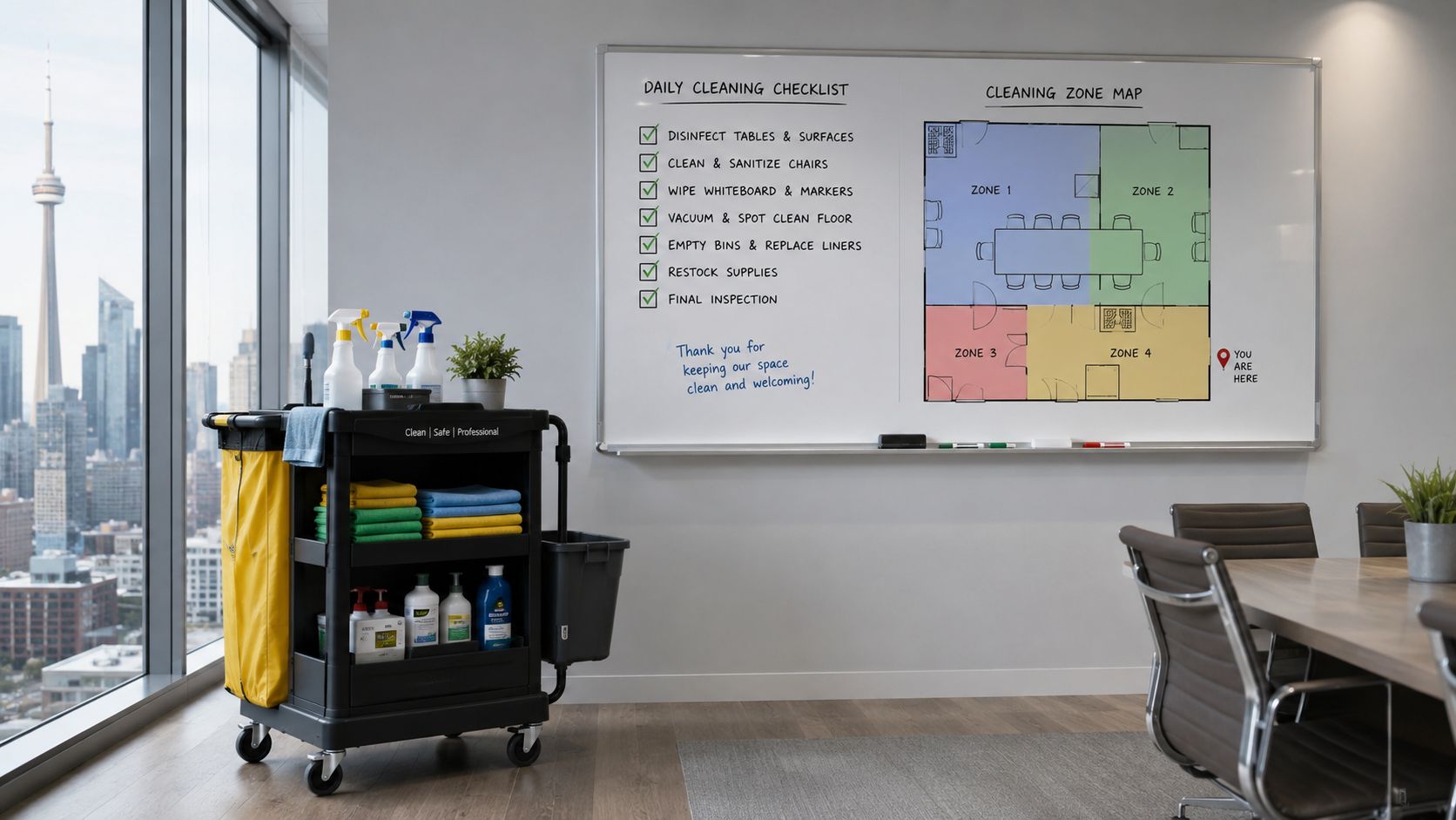 A professional cleaning cart parked in a modern office with a daily cleaning checklist on the whiteboard.