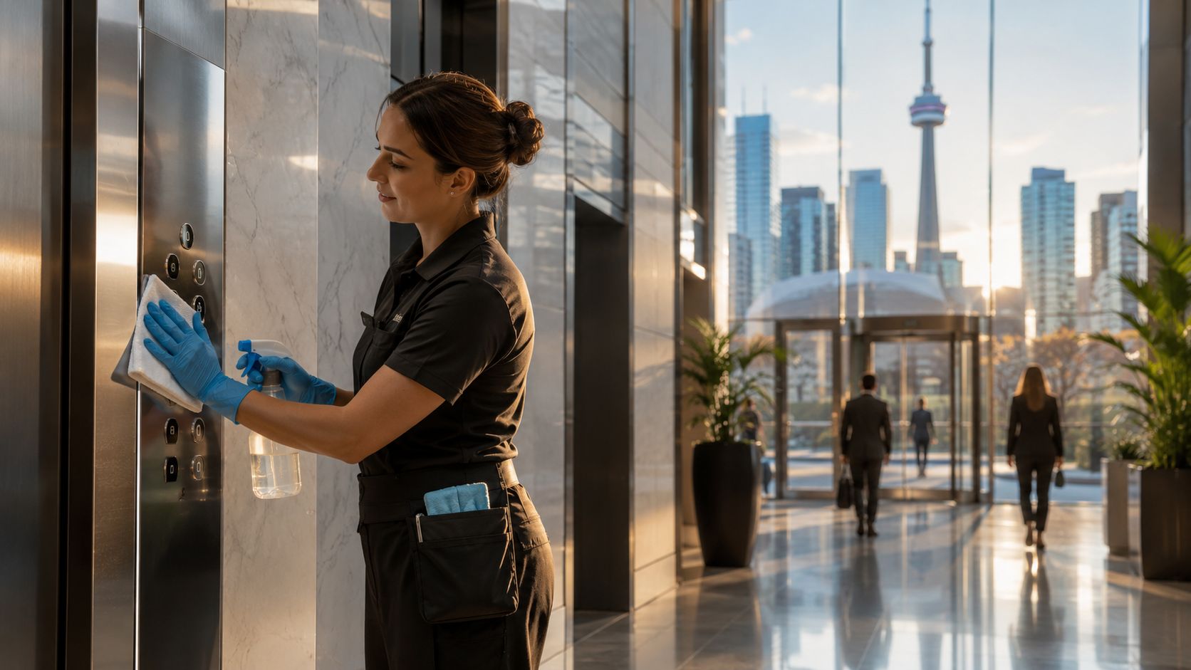 A professional cleaner in blue gloves wiping down elevator buttons in a modern Toronto office lobby.