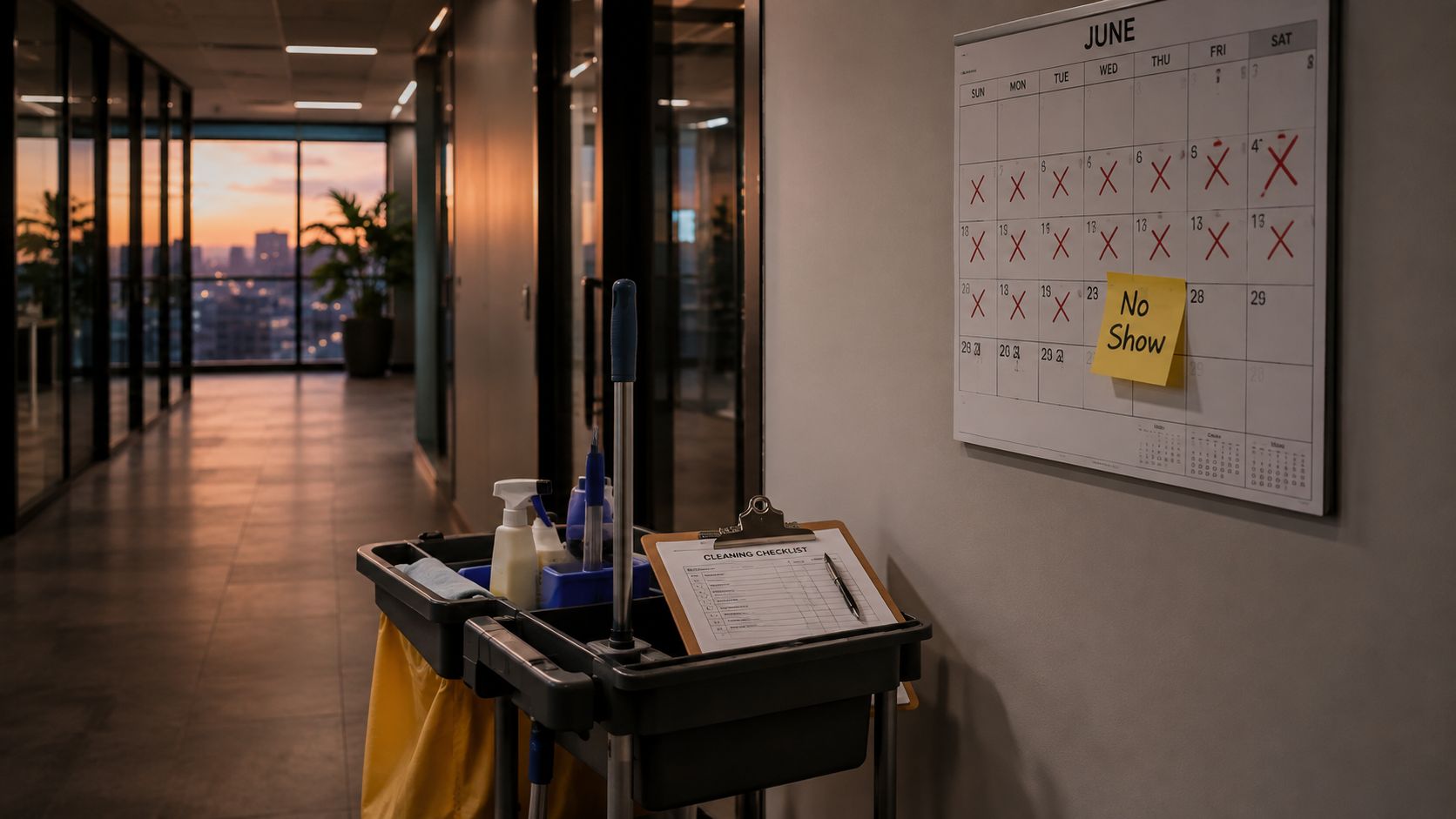 A commercial cleaning cart sitting in a modern office hallway near a calendar showing marked dates.