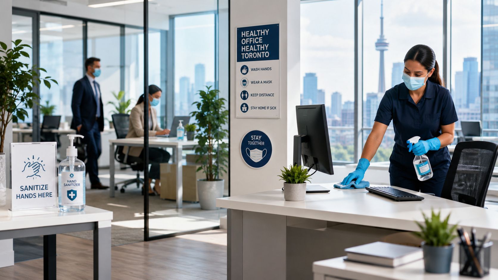 A professional cleaner in protective gear sanitizing an office desk in a bright Toronto corporate office.