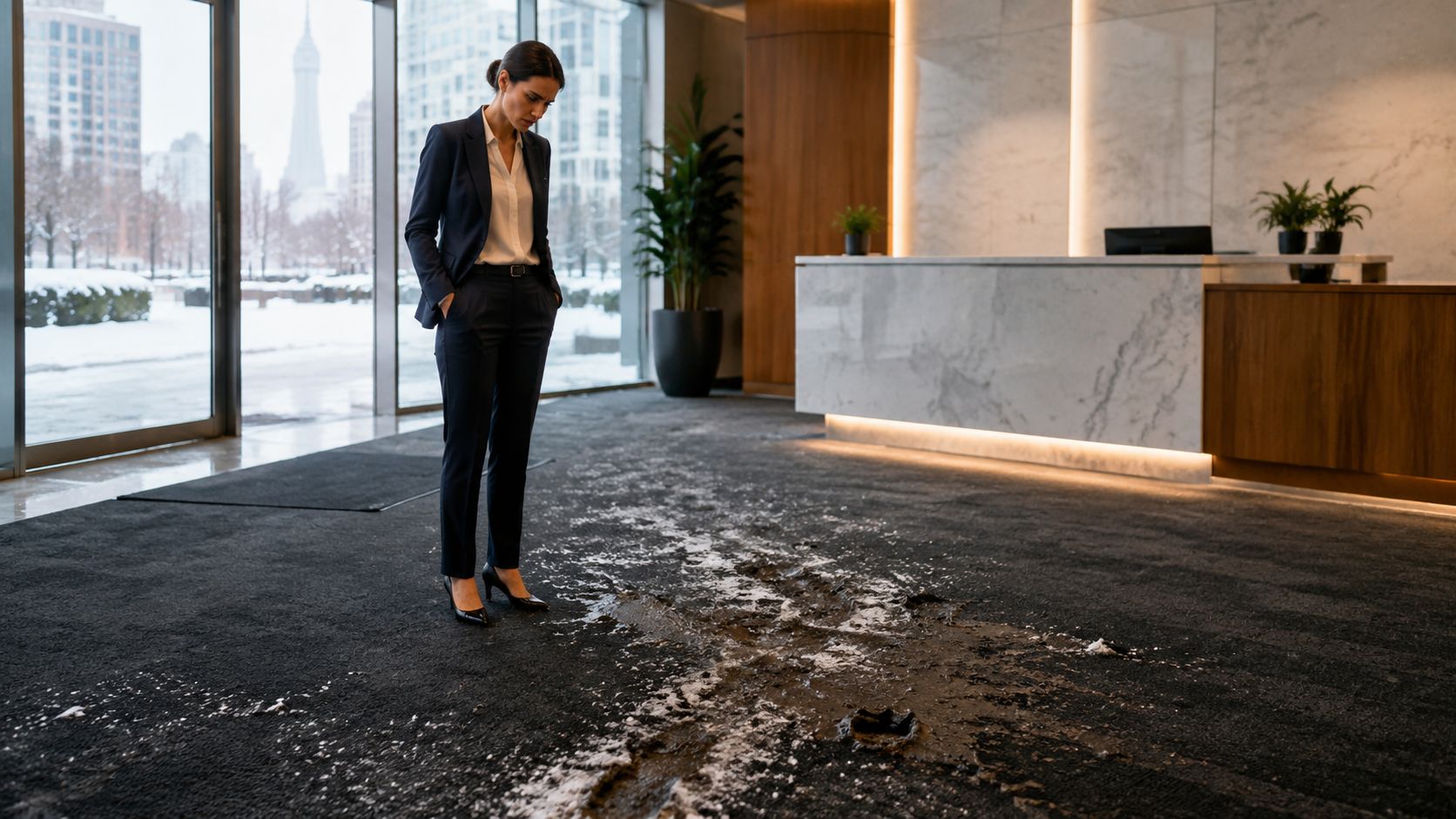 A professional woman in a suit looking concerned at dirty slush tracks on a luxury office carpet.