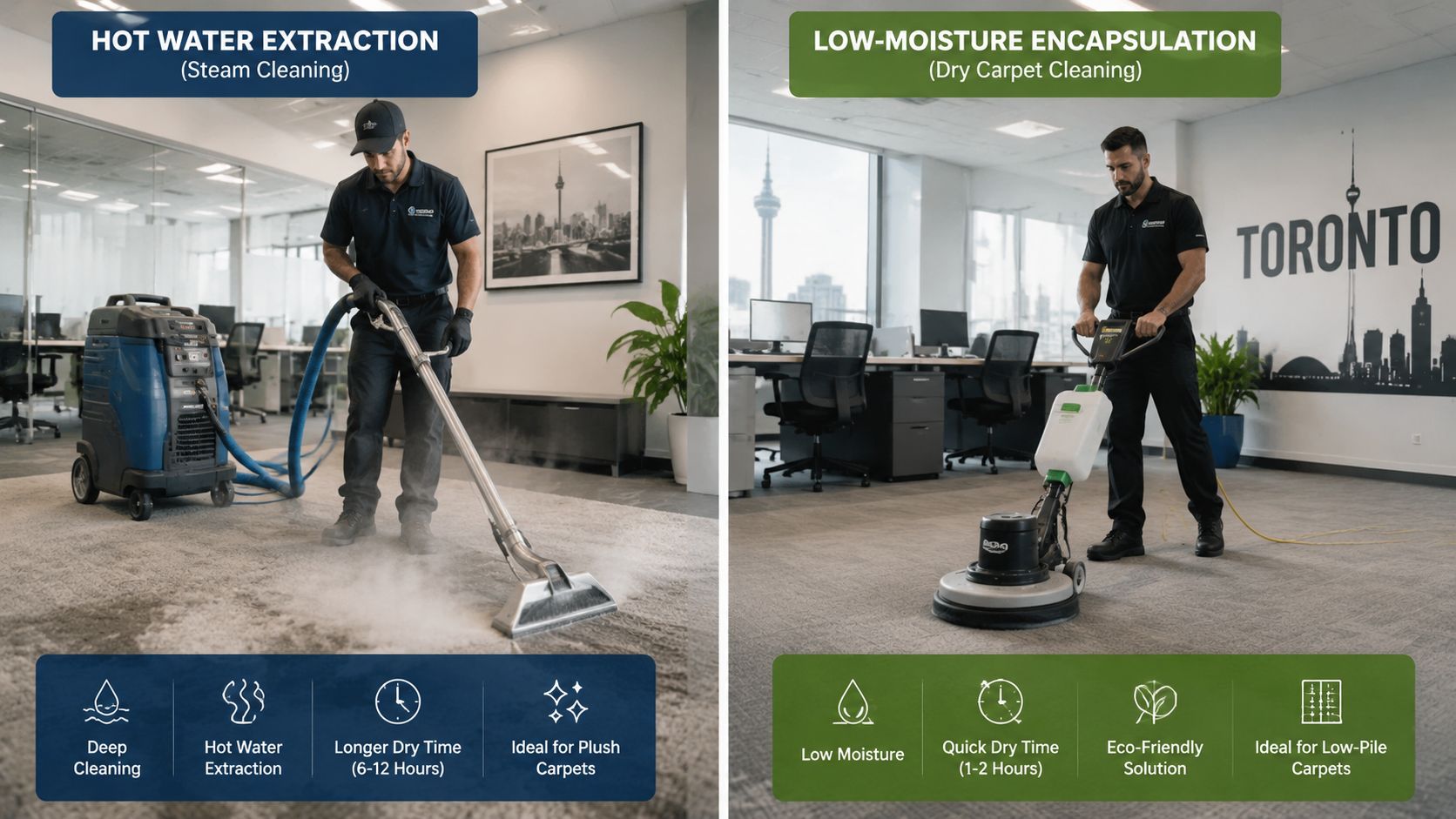 A split image showing a professional carpet cleaner using hot water extraction and low-moisture encapsulation in offices.