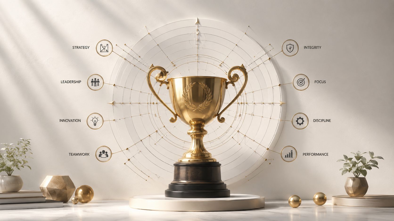 A golden trophy stands on a display pedestal surrounded by leadership and business strategy icons on wall.
