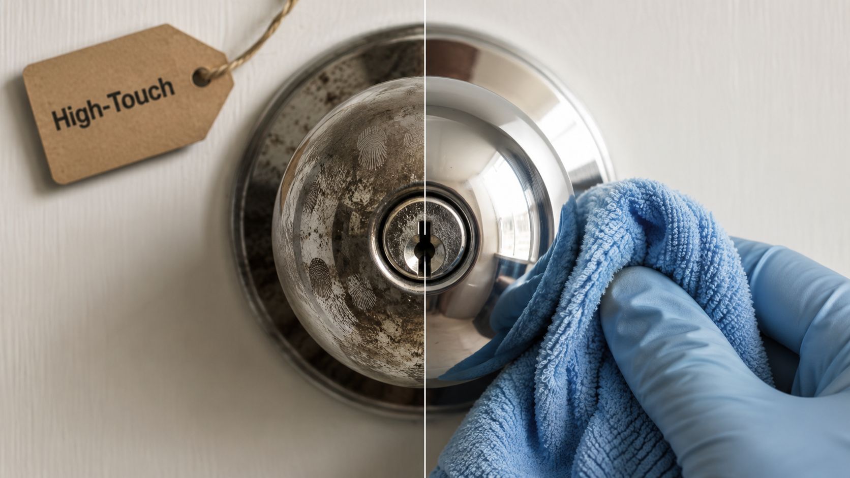 A gloved hand cleaning a dirty door knob, contrasting with a clean, disinfected surface for hygiene.