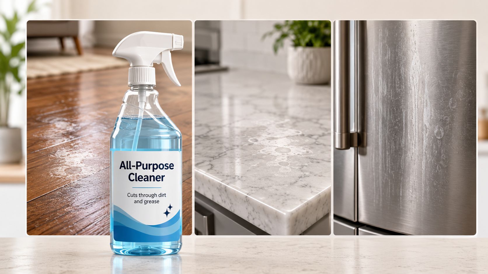 A spray bottle of all-purpose cleaner displayed alongside surfaces with cleaning residue on wood, marble, and stainless steel.