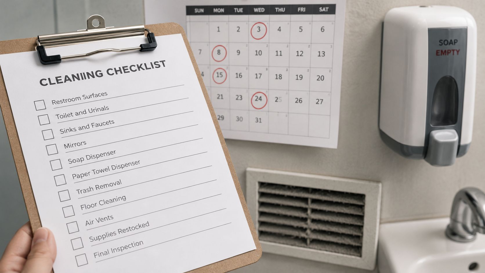 A hand holds a cleaning checklist clipboard next to an empty soap dispenser and dusty wall vent.