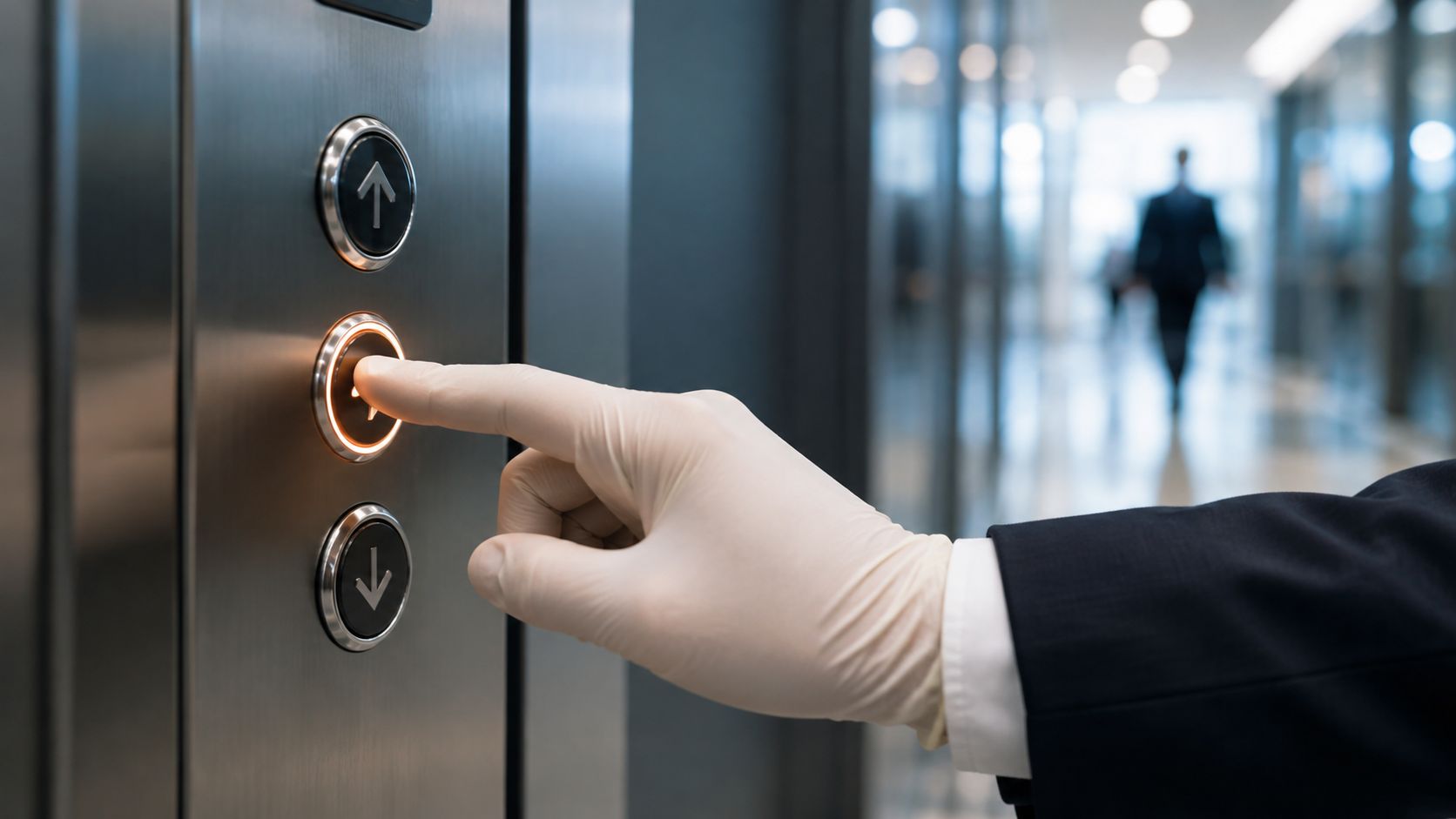 "A person wearing a protective glove presses an elevator button in a modern corporate office building hallway."