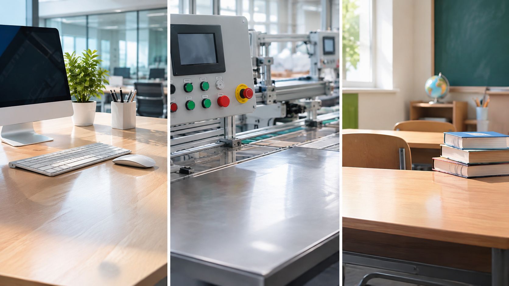 A triptych showing an office desk, a factory production machine, and a school desk with books.