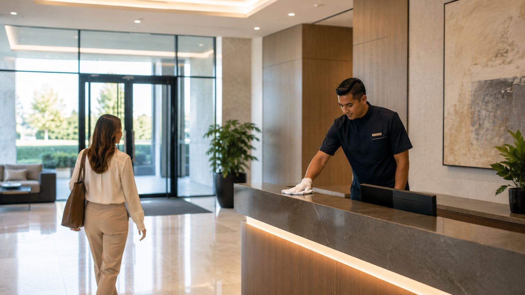 A professional staff member wearing white gloves cleans a sleek stone reception desk in a modern lobby.