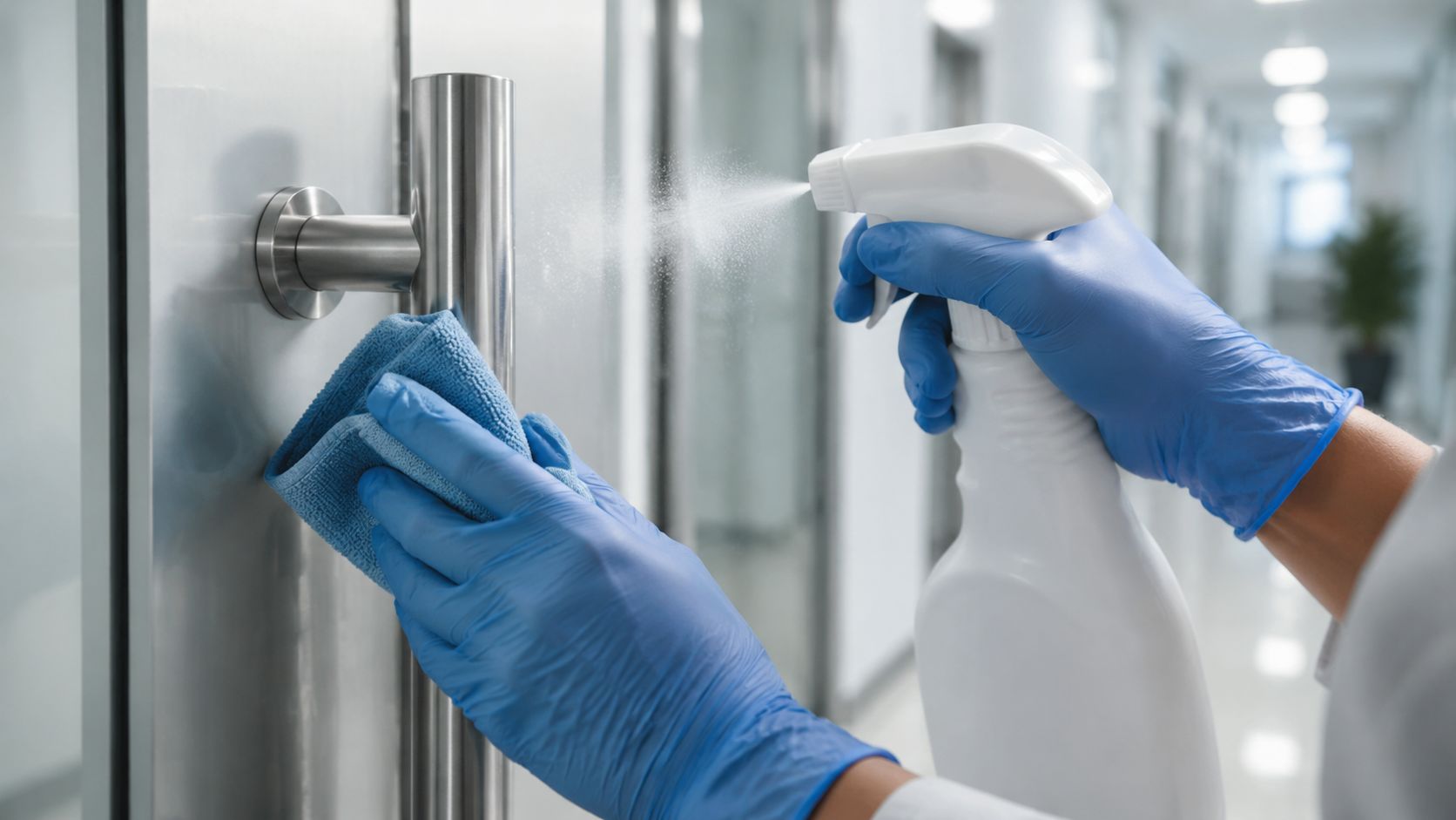 A professional cleaner wearing blue gloves sanitizes a door handle with a spray bottle and cloth.