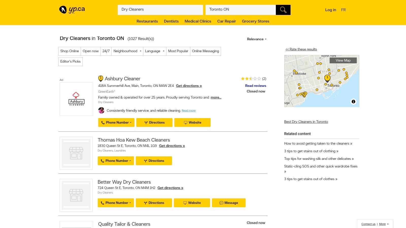 Screenshot of YellowPages.ca showing search results for professional office cleaning companies in the Toronto area.
